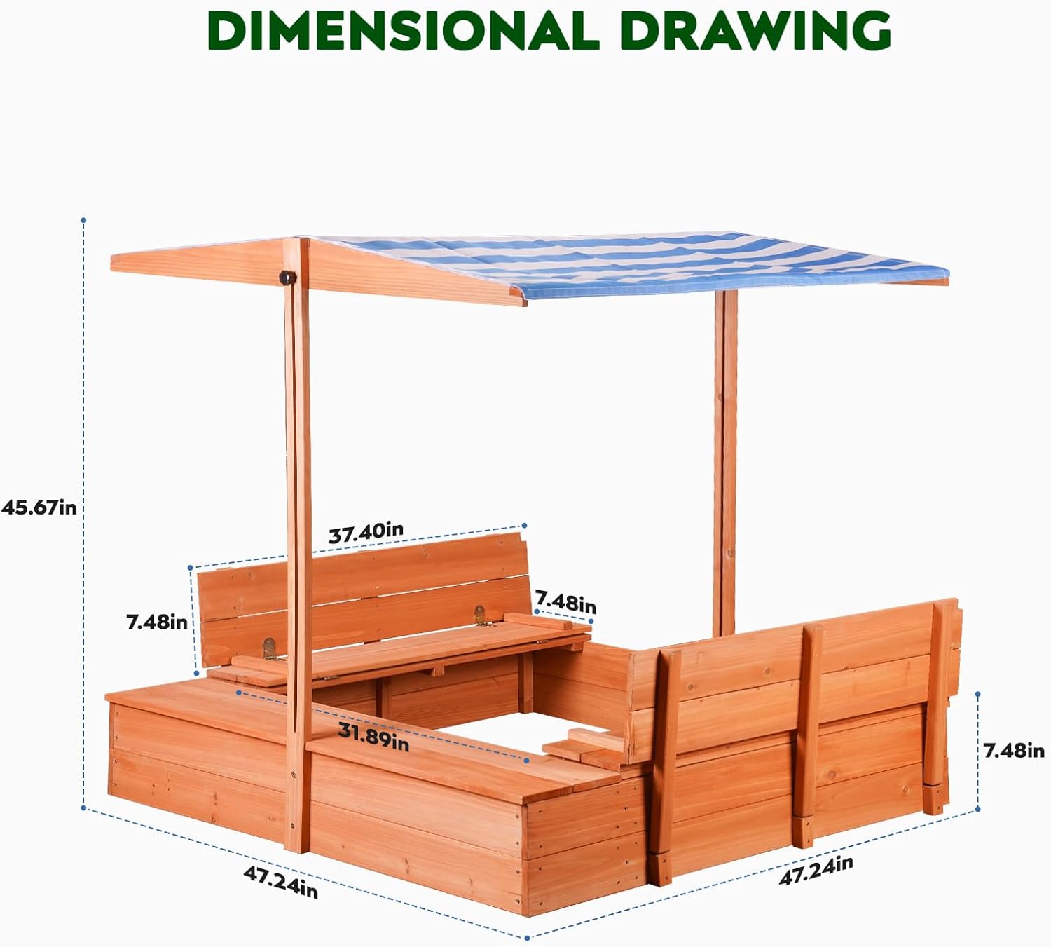 Kids Wooden Outdoor Sandbox with Cover，Sand Boxes with Canopy and Foldable Storage Bench Seats, Sand Table with Protection Bottom Liner,Kids Play Equipment for Outdoor(47X47Inch)