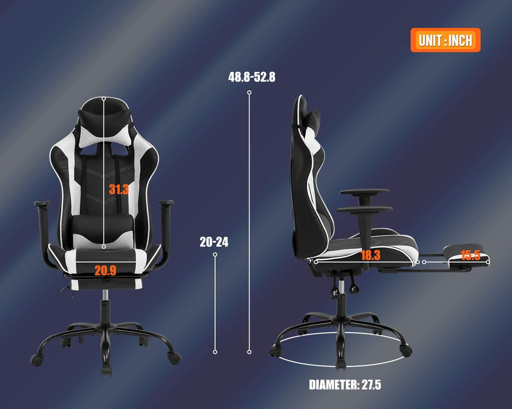 BestOffice Ergonomic PC Racing Gaming Chair Cheap Office Desk Chair PU Leather Computer Chair Lumbar Support with Footrest Modern Task Rolling Swivel Chair for Women, Men(White)