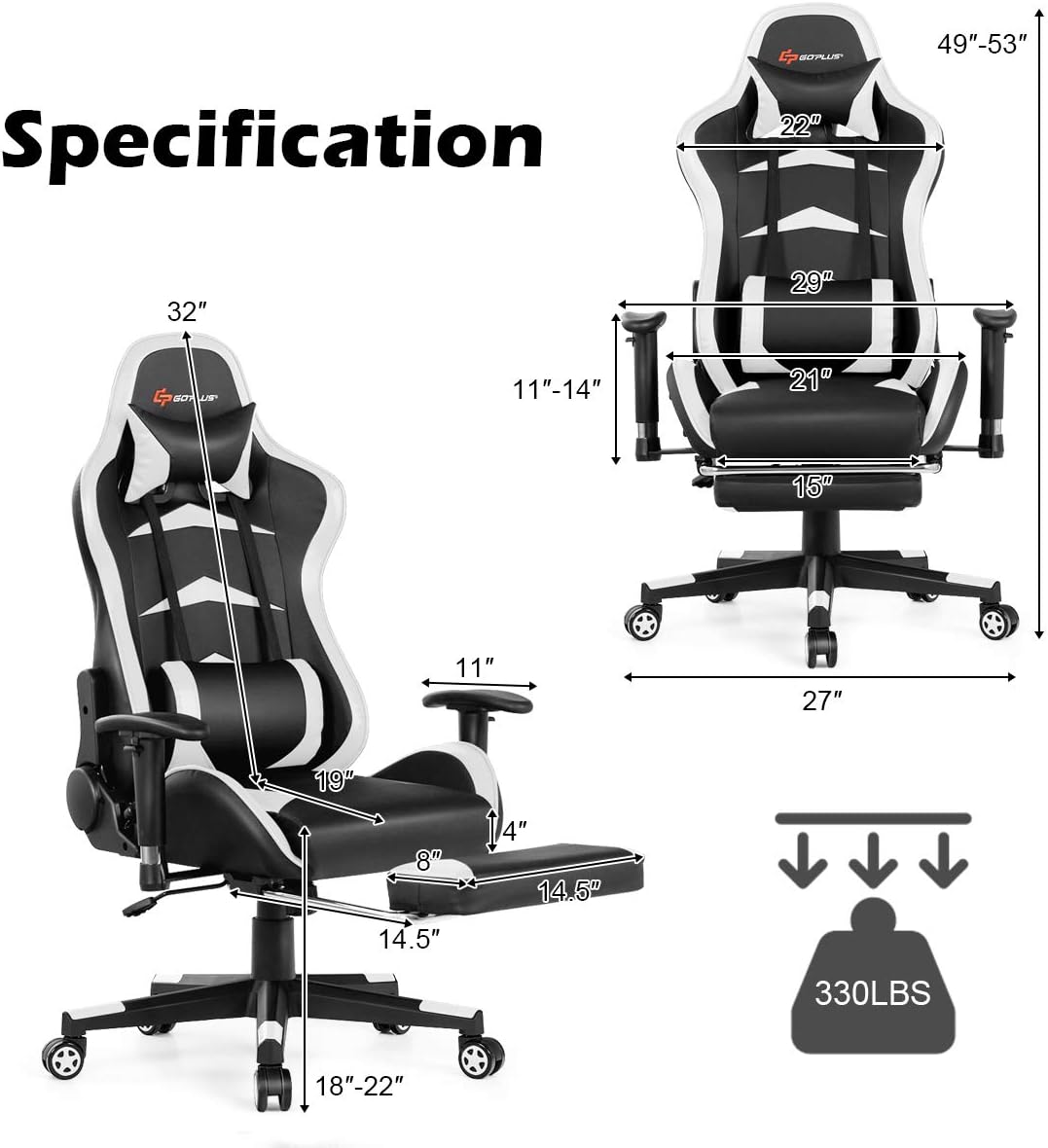 Goplus Massage Gaming Chair, Reclining Backrest, Handrails and Seat Height Adjustment Racing Computer Office Chair, High Back Ergonomic PU Leather Swivel PC Game Chair with Footrest