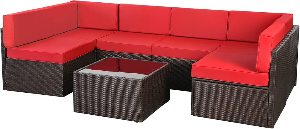 AECOJOY 7 Piece Outdoor Patio Furniture Set, Outdoor Sectional Conversation Furniture Chair with Coffee Table,Patio Sectional for Garden,Backyard(Red Cushions and Brown PE Rattan)