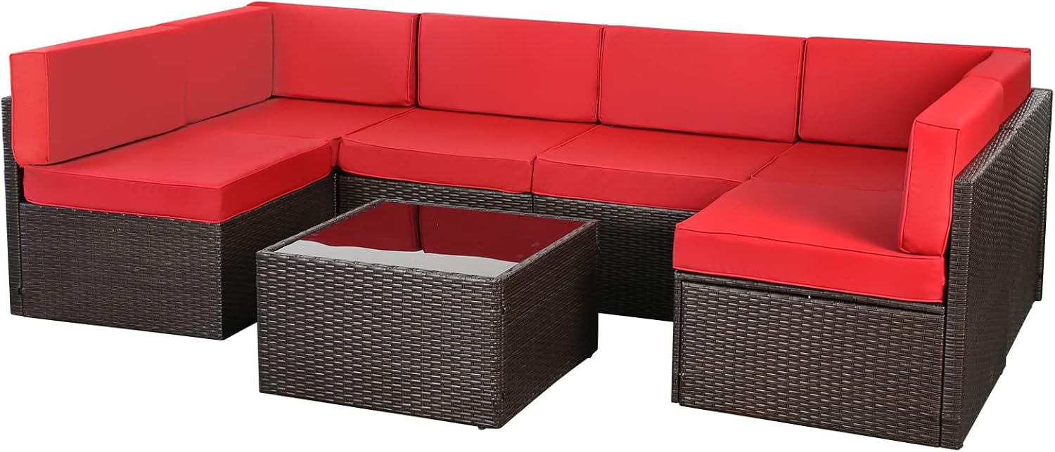 AECOJOY 7 Piece Outdoor Patio Furniture Set, Outdoor Sectional Conversation Furniture Chair with Coffee Table,Patio Sectional for Garden,Backyard(Red Cushions and Brown PE Rattan)