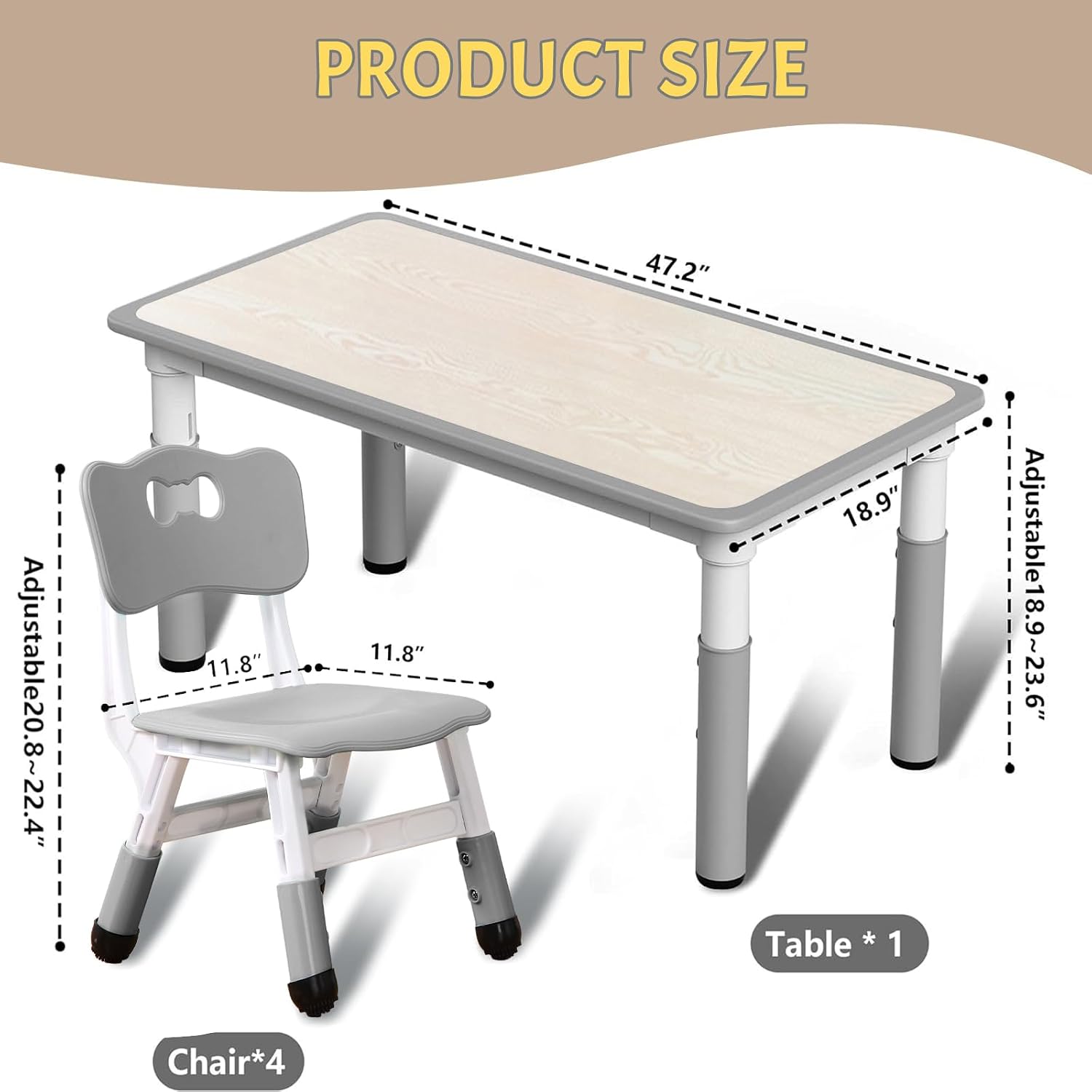 Kids Table and Chair Set, Height Adjustable Toddler Arts & Crafts Table and 6 Chair Set for Ages 2-10,Max 300lbs Kids Activity Art Table for Classroom Daycares,Home