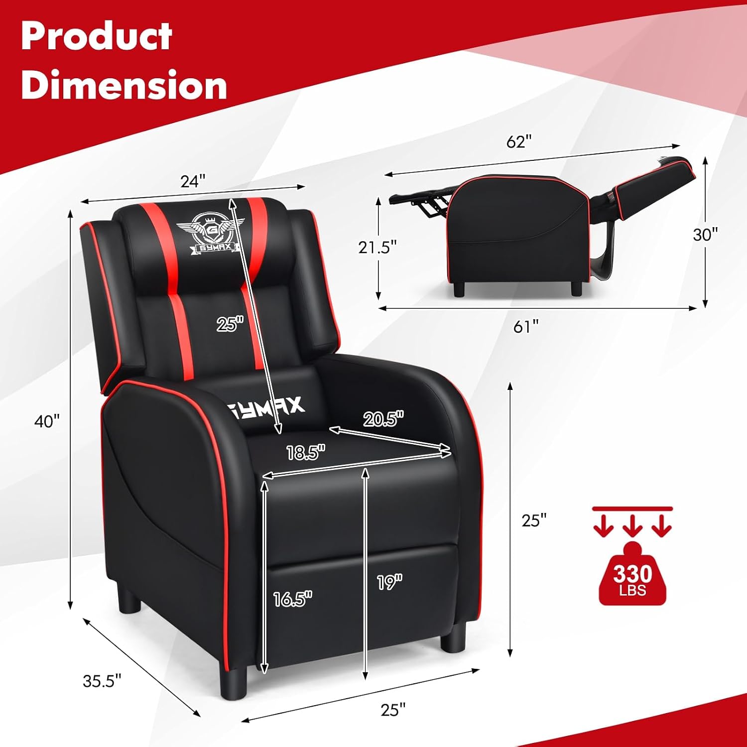 GYMAX Gaming Recliner, Massage Gaming Chair with Adjustable Footrest, Remote Control & Side Pocket, Ergonomic Game Lounge Chair, Racing Style Single Theater Seat Game Sofa for Adults (Red)