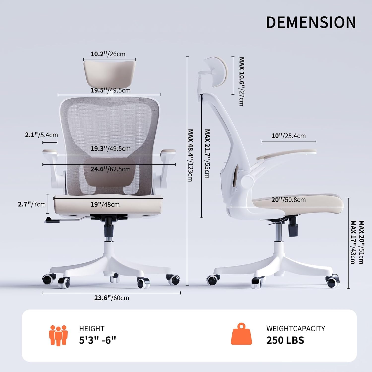 Monhey Office Chair Ergonomic Desk Chair with Lumbar Support&Headrest&Flip-up Arms Height Adjustable Rocking Swivel Computer Chair Multi-Angle from 90° to 125° with 350LBS Capacity (02White+Khaki)