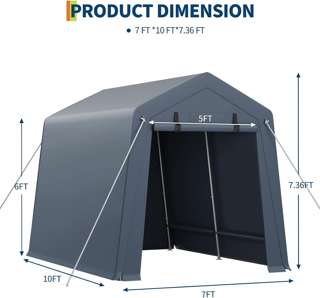 GarveeLife Portable Outdoor Storage Shed with Roll-Up Zipper Door & Vent, 240G Heavy-Duty Shelter Waterproof PE Tarp, UV-Resistant Carport for Motorcycle, Firewood, Tools (Gray, 7'x10')