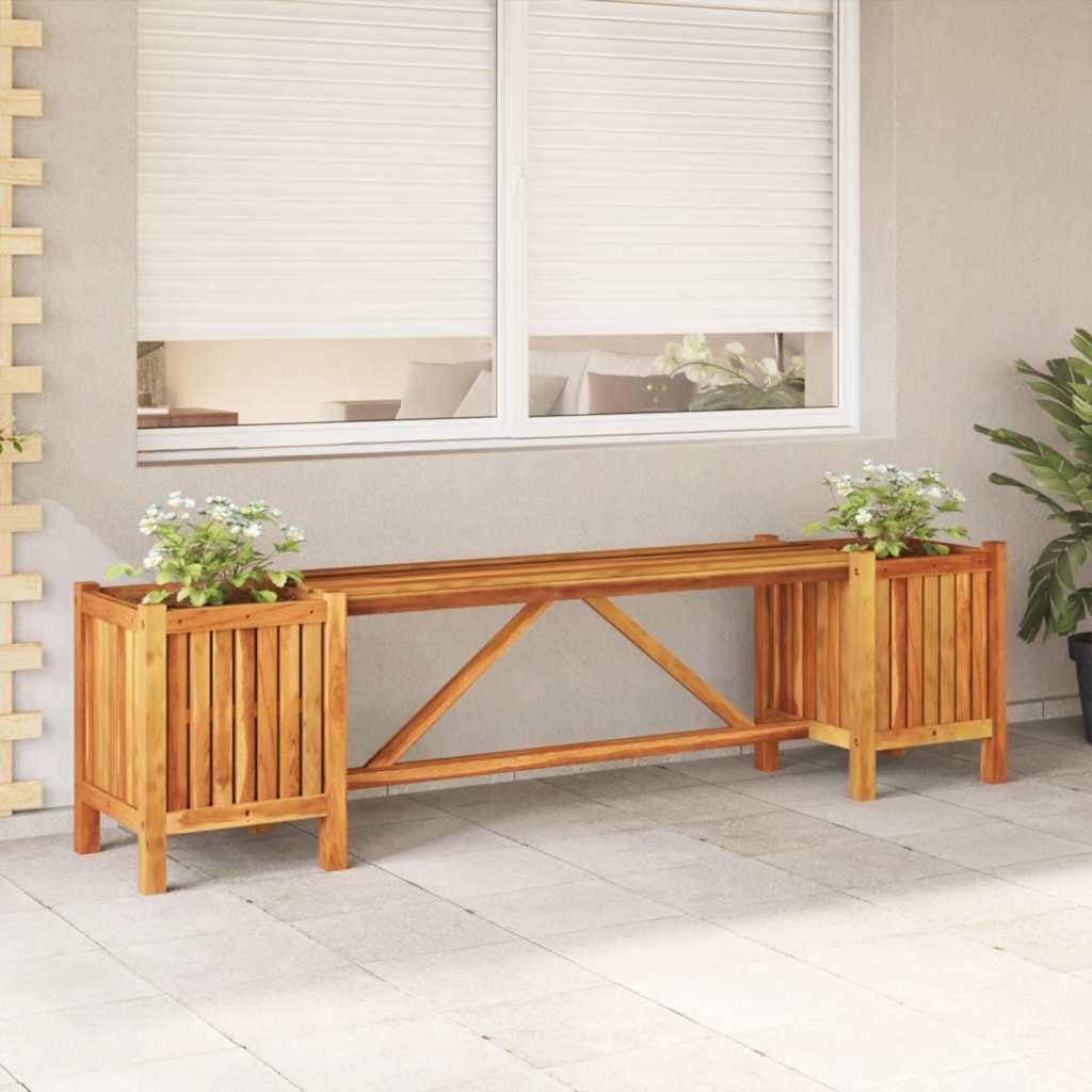 Solid Acacia Wood Patio Bench with Planters 59.1' Outdoor Furniture Garden Bench with 2 Storage Boxes for Porch Deck Backyard