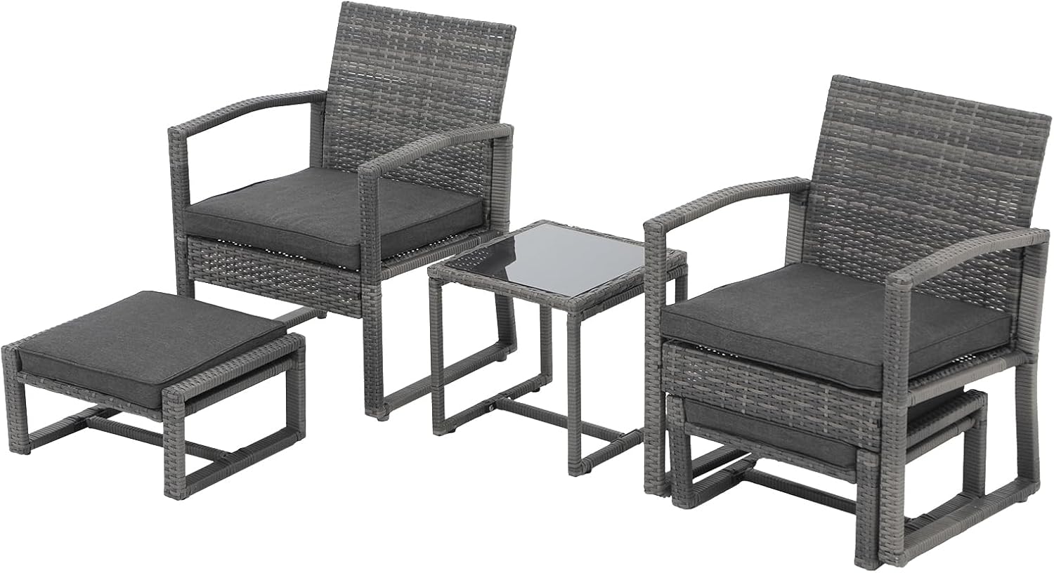 Patiorama 5 Piece Outdoor Patio Wicker Furniture Set, All Weather Grey PE Rattan Chair and Ottoman Footstool Set, W/Coffee Table, Cushions (Dark Grey) for Garden, Balcony, Porch, Space Saving Design