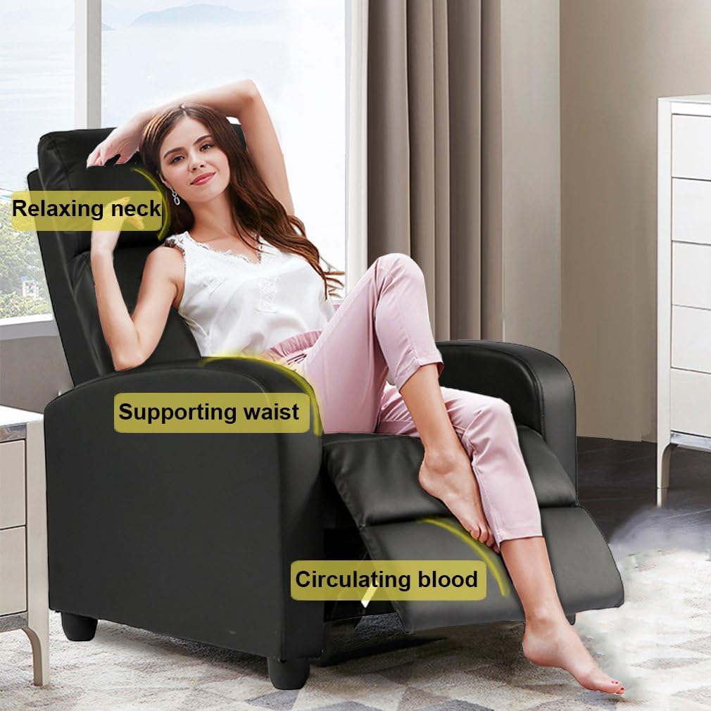 BestMassage | Recliner Chair | No Massage Function | Leather Black | with Lumbar Support, Adjustable Push Back, Wide Armrests, Footrest & Padded Seat | Easy Assembly | for Living Room, Home Theatre