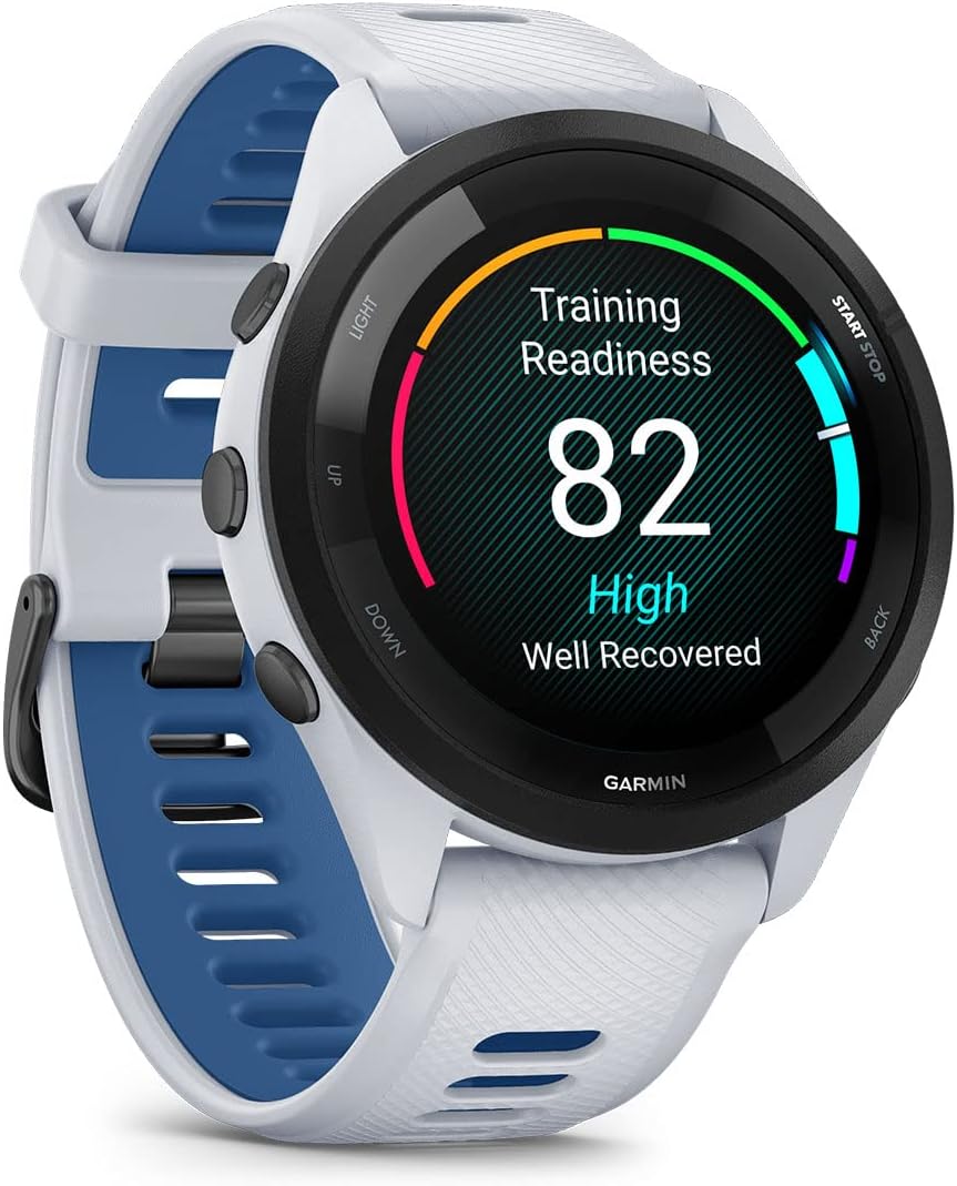 PlayBetter Garmin Forerunner 265 (Whitestone/Tidal Blue) Running GPS Smartwatch | Bright AMOLED Display, Recovery Insights | Bundle HD Screen Protectors & Portable Charger