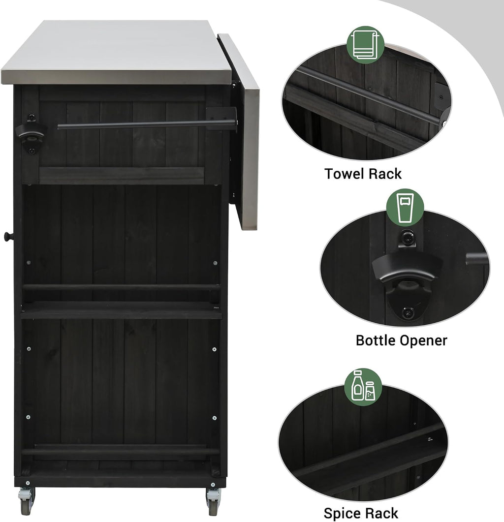 Merax XL Outdoor Table with Stainless Steel Top for Kitchen Prep and Storage Cabinet for Grilling Accessories, Outdoor Kitchen Island Grill Cart with Towel and Spice Racks & a Bottle Opener, Black