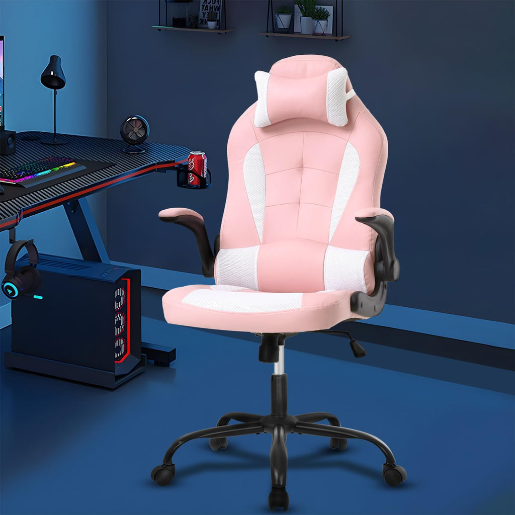 Ruesleag PC Gaming Racing Chair Ergonomic Office Computer Chair HIgh Back Video Racing Chair w/Lumbar Support Flip Up Arms Headrest PU Leather Study Desk Chair Executive Office Chair for Adults,Pink