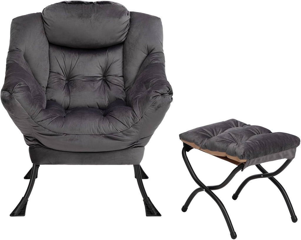HollyHOME Lazy Chair with Foldable Ottoman, Accent Comfy Lounge Armchair and Folding Footrest Stool, Leisure Sofa Reading Chair and Footstool for Living Room, Bedroom, Dorm,Velvet Smoky Grey