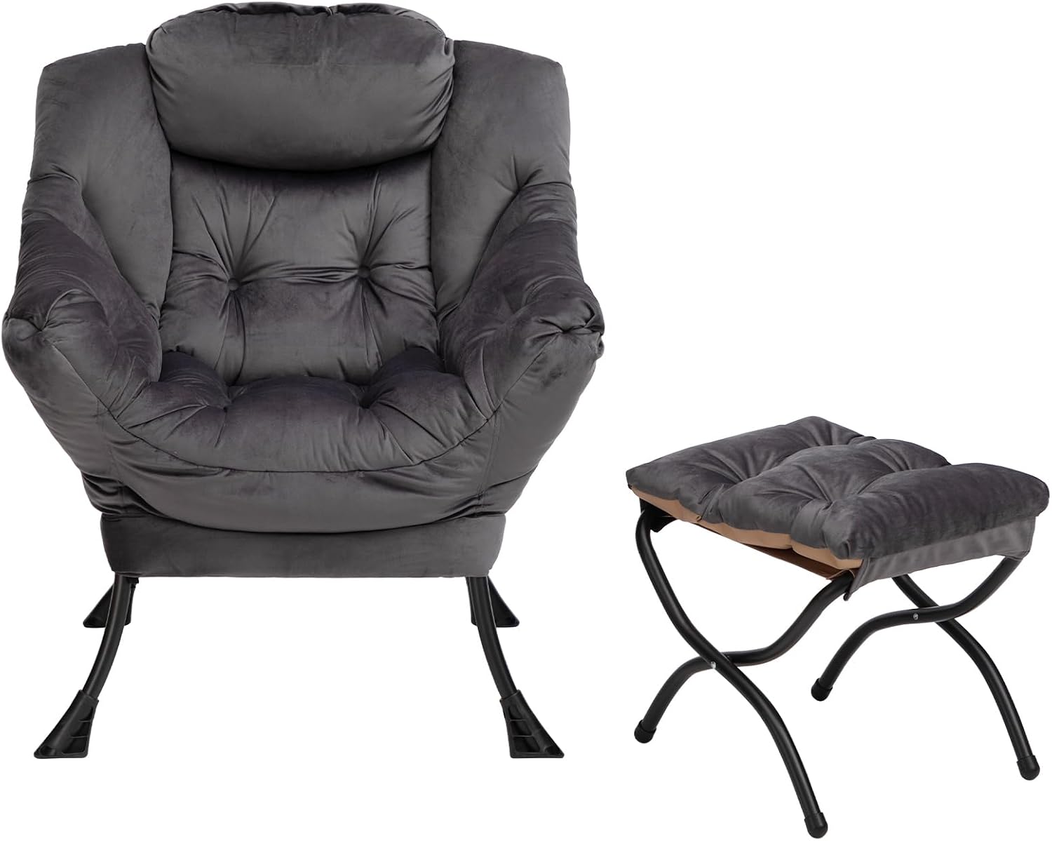 HollyHOME Lazy Chair with Foldable Ottoman, Accent Comfy Lounge Armchair and Folding Footrest Stool, Leisure Sofa Reading Chair and Footstool for Living Room, Bedroom, Dorm,Velvet Smoky Grey