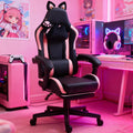 Pink Gaming Chair with Cute Cat Ears Comfy Ergonomic Computer Chair with Footrest and Headrest, Video Game Chairs for Girls, Adult, Teen, Height Adjustable, Lumbar Support (Pink Black)