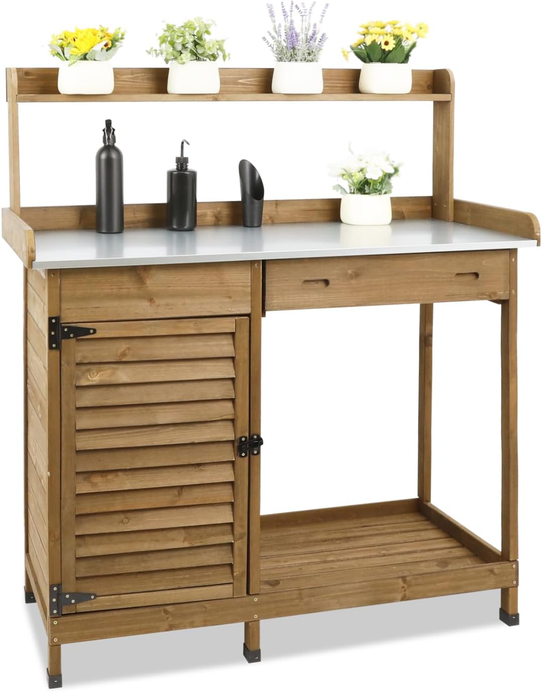 PetsCosset Garden Potting Benche Table Outdoor Wooden Work Station W/Metal Table top,Cabinet,Drawer,Large Bottom Shelf,Open Shelf Natural Wood-Brown-Brown