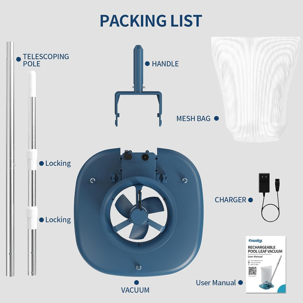 Rechargeable Pool Leaf Vacuum with Telescopic Pole, 83GPM Powerful Suction– Cordless Pool Skimmer for Inground & Above Ground Pools with 6.6Gal Leaf Catcher Bag for Heavy Debris Areas
