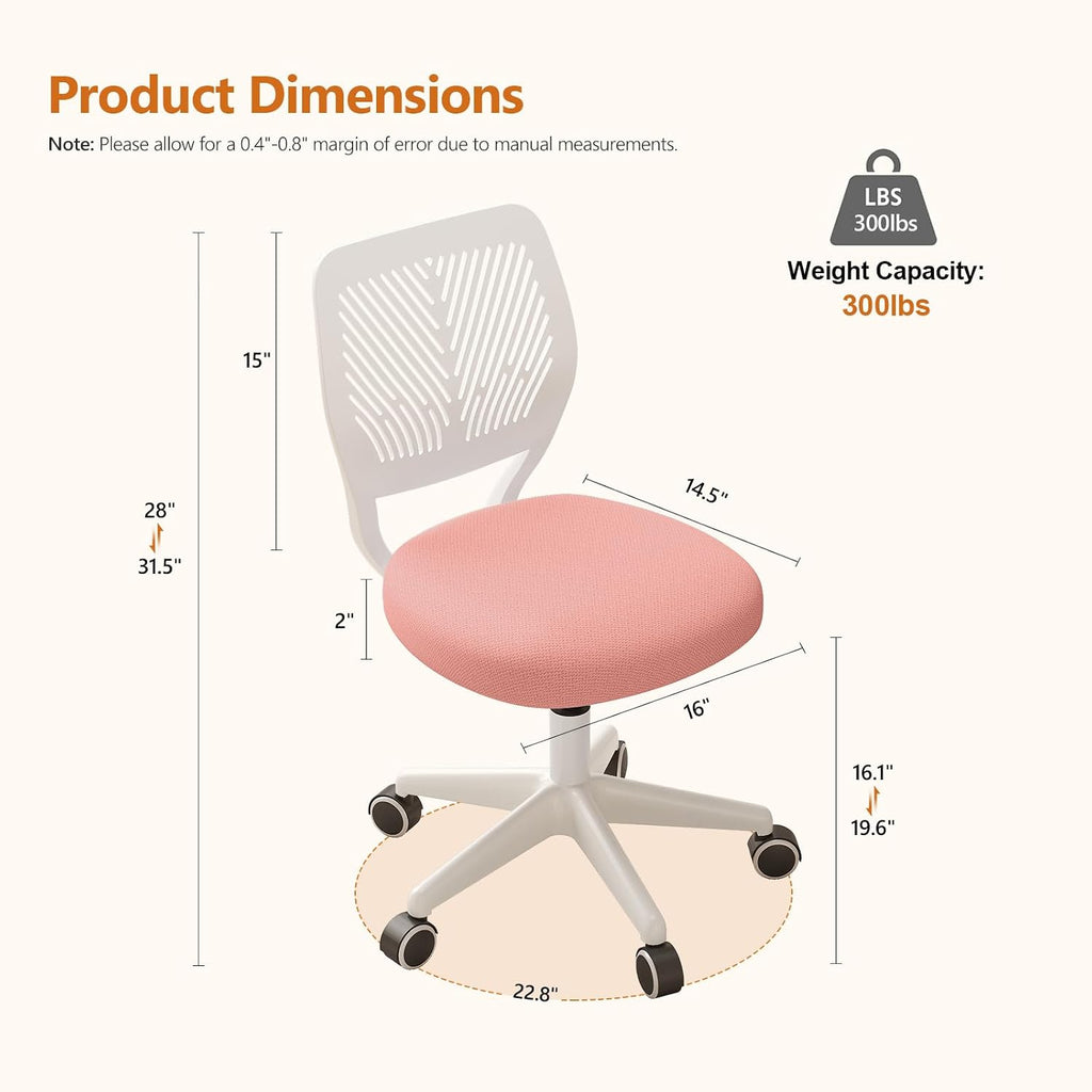 Armless Desk Chair Swivel Office Rolling Chair with Soft Padded Cushion, Height Adjustable Small Task Chair, Ergonomic Study Computer Chair for Kids Girls Boys Teens (Pink, 4PCS)