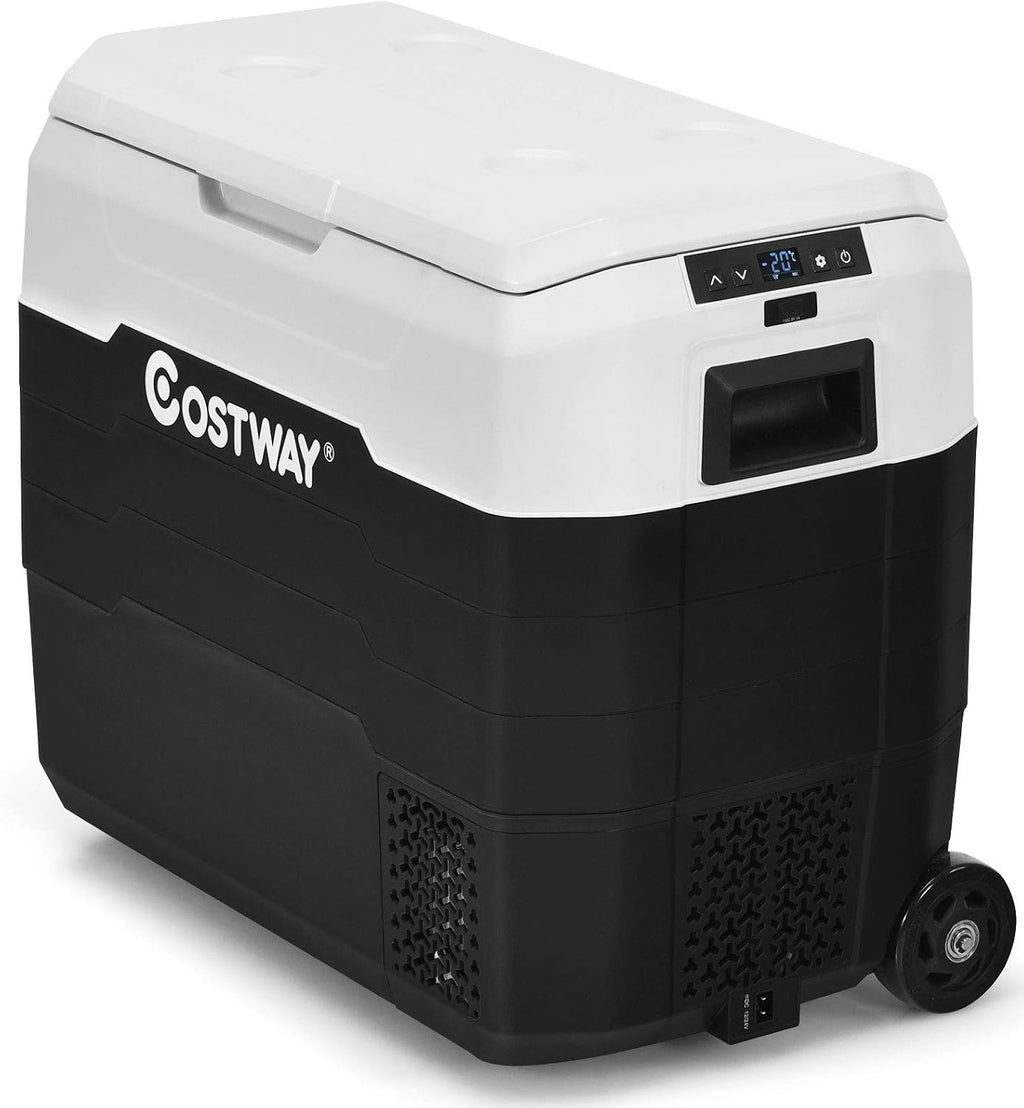 COSTWAY Car Refrigerator with Wheels, 42-Quart Dual-zone Electric Cooler with Telescopic Handle, 12V/24V DC, 100-240V AC, -4°F To 50°F, Portable Fridge Freezer for RV Camping Travel, White+Black