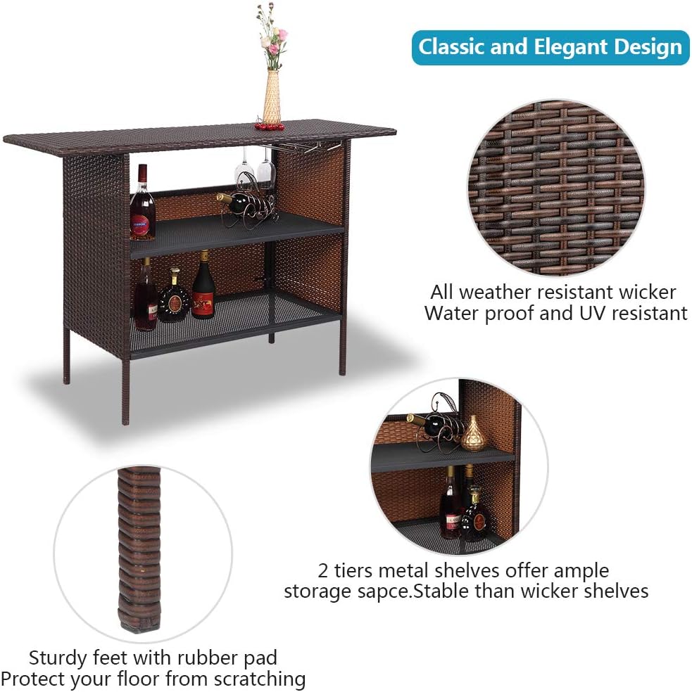 VINGLI Outdoor Storage Cabinet with Wheels, Waterproof Woven Rattan with Double Magnetic Doors, Mobile Multi-Purpose Cabinet for Storage, Buffet Server, Bar Table, Potting Bench (Classic)