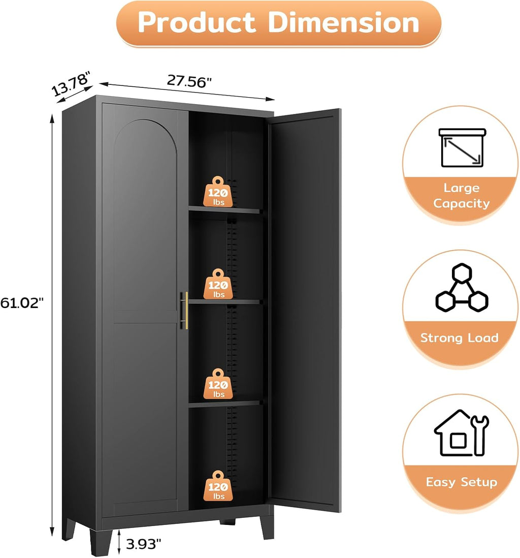 Zevemomo 61' H Metal Kitchen Pantry Cabinet, Freestanding Cupboard with 2 Doors and 3 Adjustable Shelves, Tall Metal Storage Cabinet for Kitchen, Bathroom, Dinning Room or Laundry Room （Black）