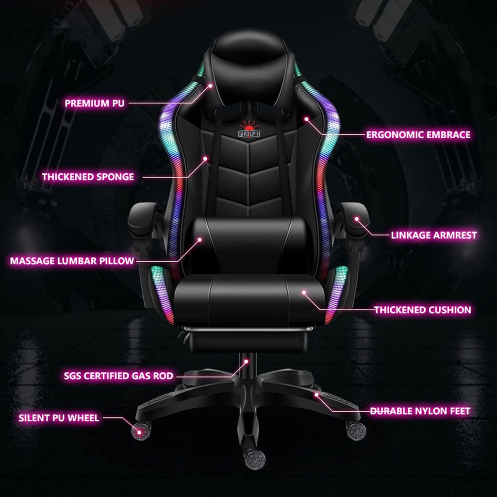 Gaming Chair with LED Light, Full Massage Gaming Chair with Speakers, Ergonomic Pro Computer Gaming Chairs for Adults with footrest Lumbar Support and Backrest Adjustable,B