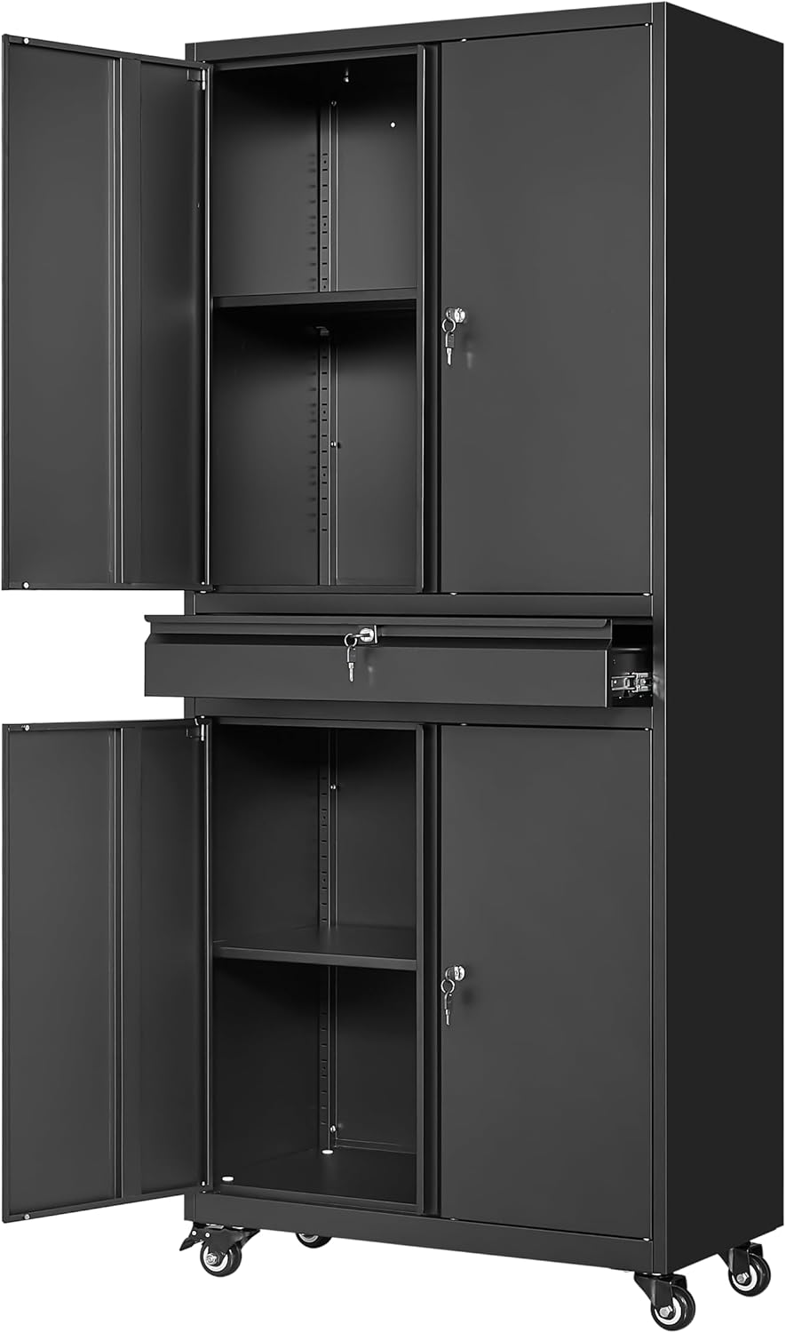 Yizosh Metal Garage Storage Cabinet with Locking Doors and Adjustable Shelves, 73' Rolling Tool Storage Cabinet with 4 Wheels and 1 Drawer for Garage,Warehouse (Black)