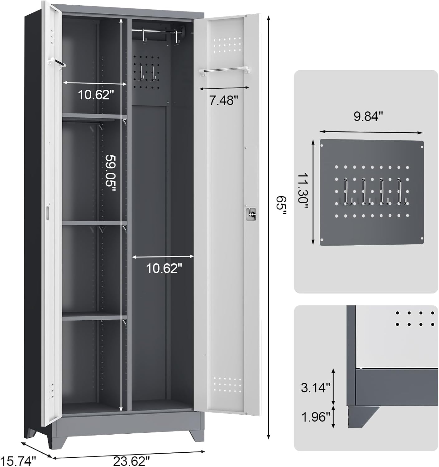 Metal Storage Cabinet with Lockable Doors, 65' Steel Utility Cabinet for Garage & Home Office, Tall Broom Closet with Adjustable Shelves, Vents & Cable Hole for Tools, White/Grey
