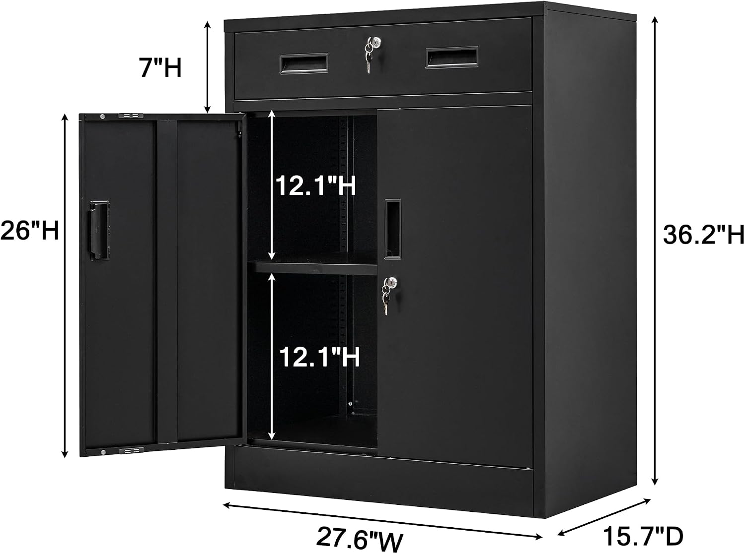 Wanfu Metal Storage Cabinet, Locking Cabinet with 1 Drawer and Adjustable Shelf, 36' H x 28' W x 16' D Metal Cabinets for Office, Garage, Home-Black