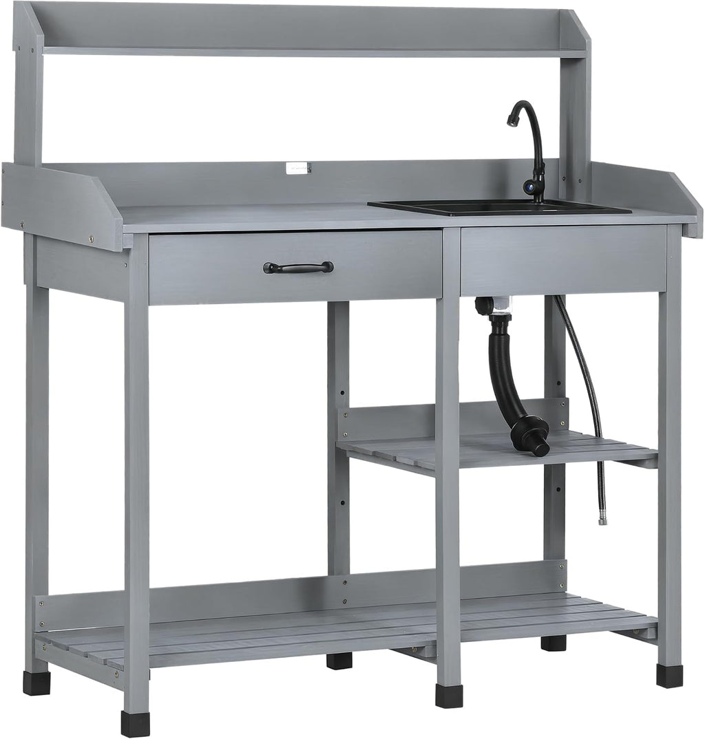 Outsunny Potting Bench Table, Outdoor Garden Table Wooden Work Station with Removable Sink, Faucet, Drawer, Shelves, Hooks, Gray