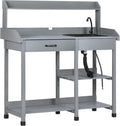 Outsunny Potting Bench Table, Outdoor Garden Table Wooden Work Station with Removable Sink, Faucet, Drawer, Shelves, Hooks, Gray
