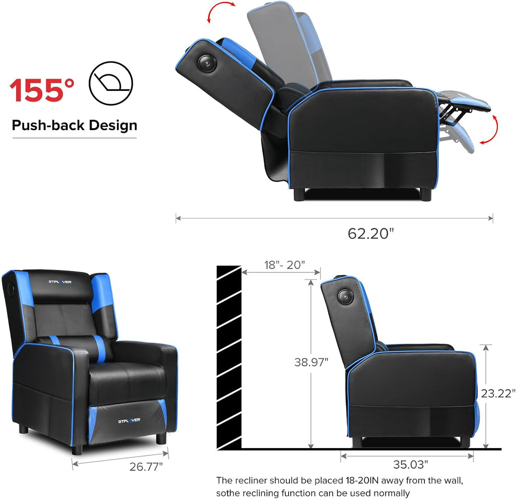 GTPLAYER Gaming Recliner Chair with Bluetooth Speakers Racing Style Single Gaming Sofa Modern Living Room Recliners Ergonomic Comfortable Massage Home Theater Seating, Blue