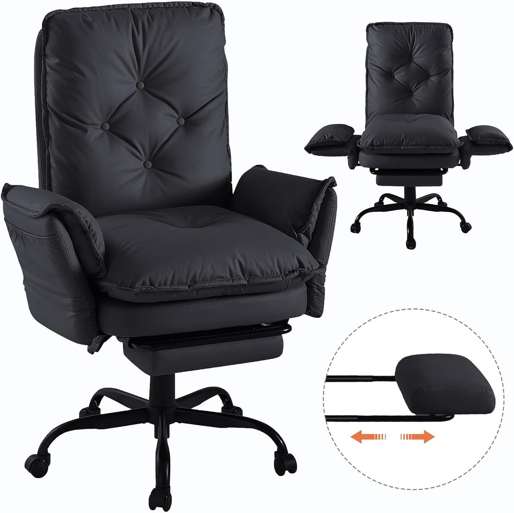 Bestier Cross Legged Office Chair with Footrest, High Back Criss Cross Chair with Reversible Armrests and Wheels, Big and Tall Reclining Office Chair for Home PU Leather Black