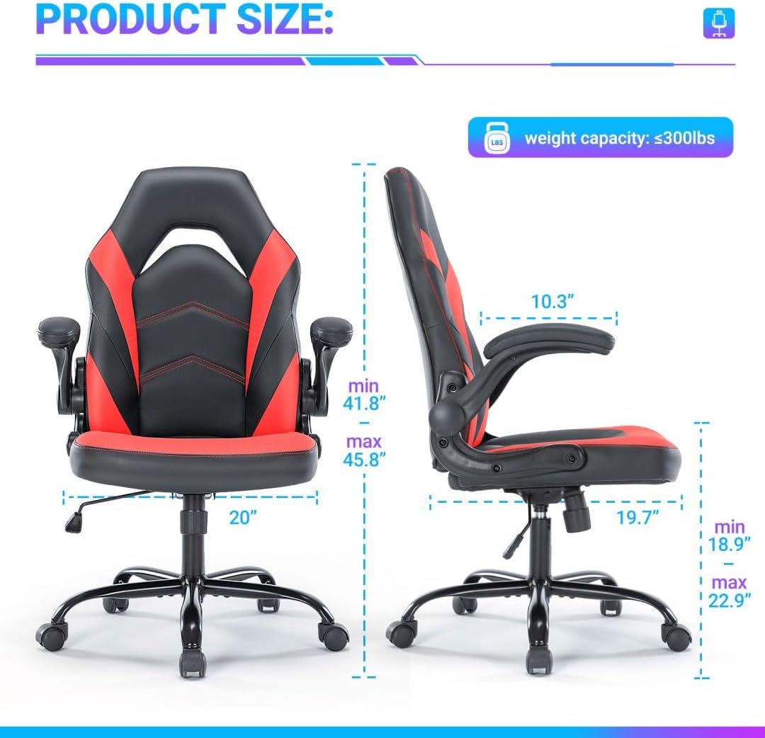 Heavy Duty Gaming Chair Ergonomic Gamer for Home Office with Lumbar Support, Adjustable Backrest, Flip-Up Armrest and Stable 360° Swivel Wheels for Adults, Professional Gamers and Teens, Black-Red