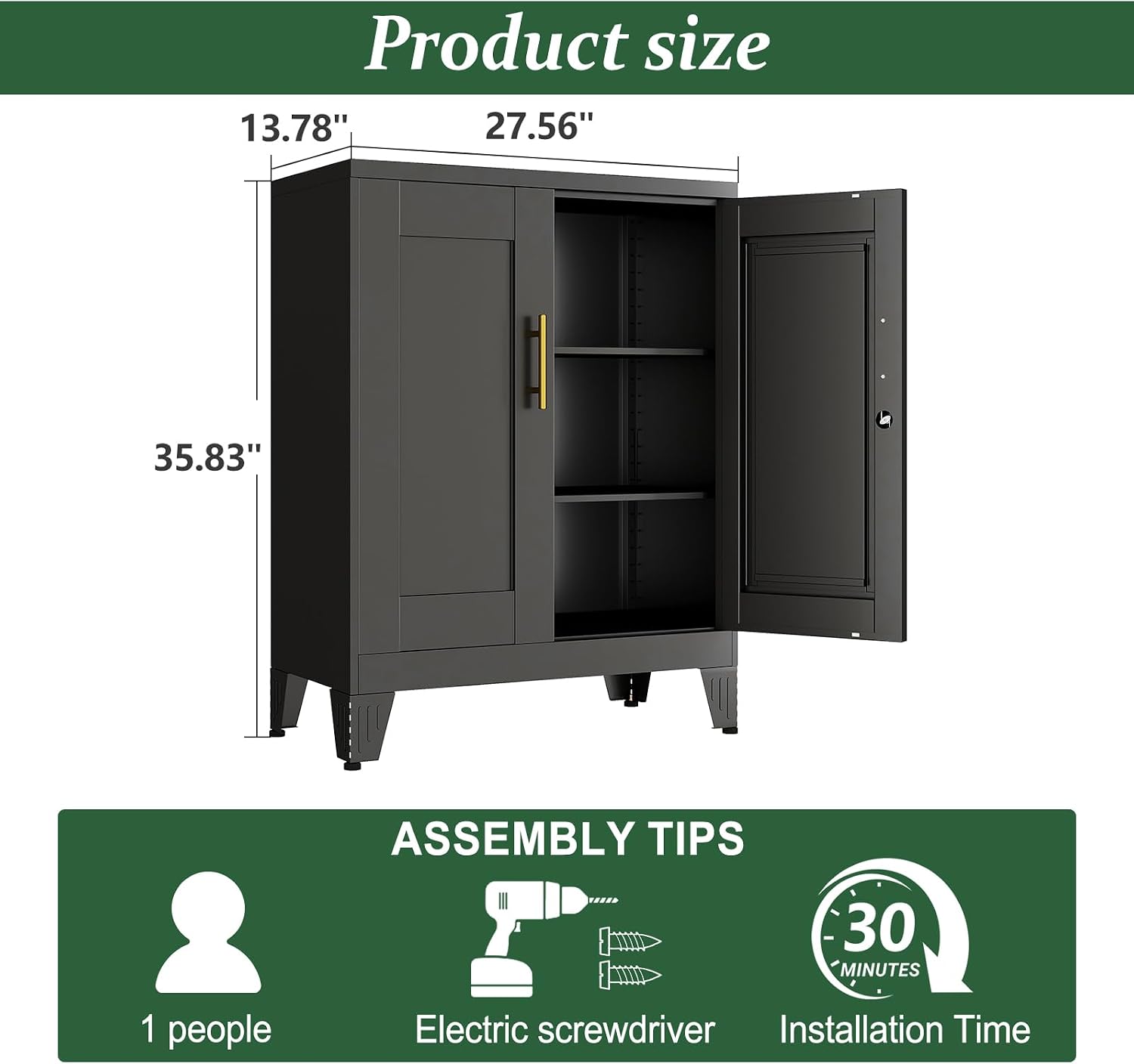 Black Metal Storage Cabinet, 36' Tall Locking Storage Cabinet with 2 Adjustable Shelves, Steel Locker Organizer, for Office, Home, School, 2PS