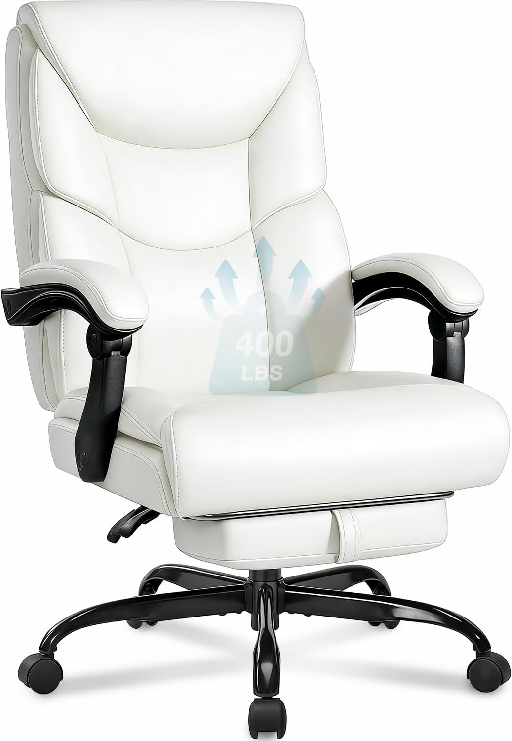 WAILOR 400lbs Office Chair with Foot Rest, Reclining Big and Tall Office Chair with Lumbar Support, High Back PU Leather Computer Chair,Comfy Desk Chair for Home Office (Casual) (White)