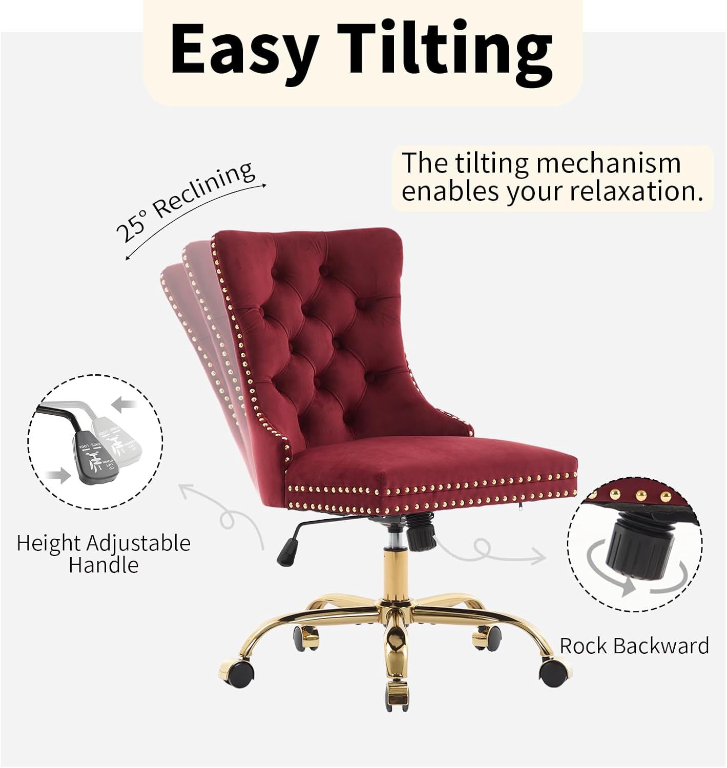 Velvet Home Office Chair with Wheels & Gold Base, Cute Makeup Vanity Chair with Tufted Back for Bedroom, Upholstered Adjustable Swivel Comfy Desk Chair for Girls Women, Burgundy