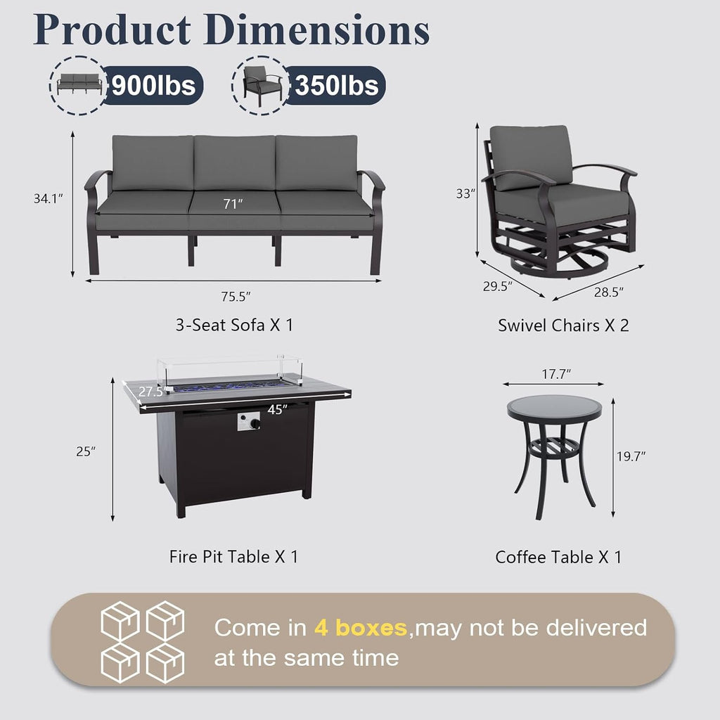 ALAULM Aluminum Patio Furniture Set with Propane Fire Pit Table 5-seat Metal Outdoor Furniture w/Fire Pit Patio Sectional Sofas w/5.1' Cushions for Patio, Backyard, Poolside-Grey