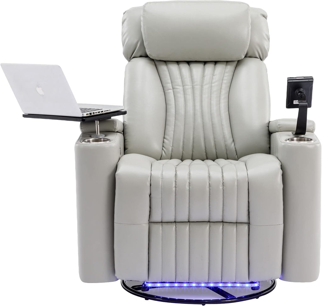 Merax 270 Degrees Power Swivel Recliner,Home Theater Seating with Hidden Arm Storage and LED Light Strip,Cup Holder,360 Degrees Swivel Tray Table,and Cell Phone Holder,Soft Living Room Chair,Grey