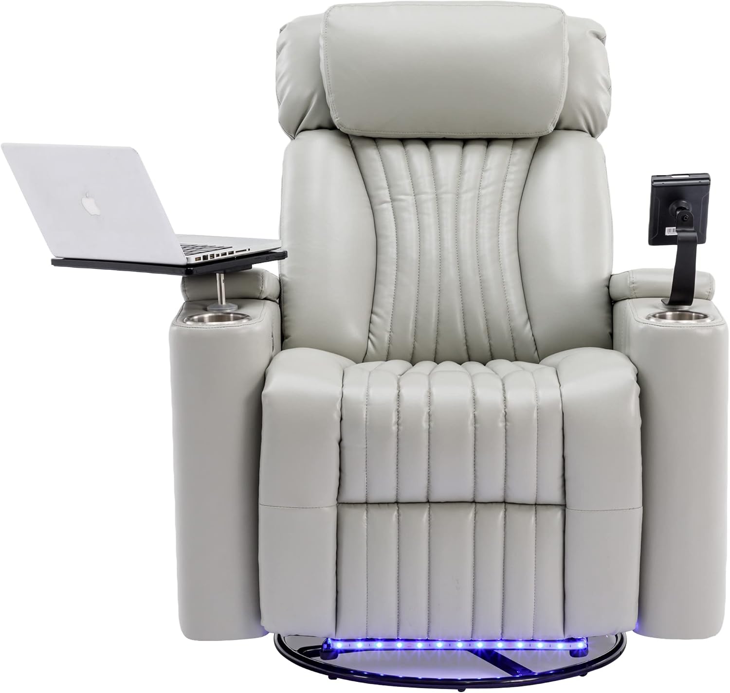 Merax 270 Degrees Power Swivel Recliner,Home Theater Seating with Hidden Arm Storage and LED Light Strip,Cup Holder,360 Degrees Swivel Tray Table,and Cell Phone Holder,Soft Living Room Chair,Grey