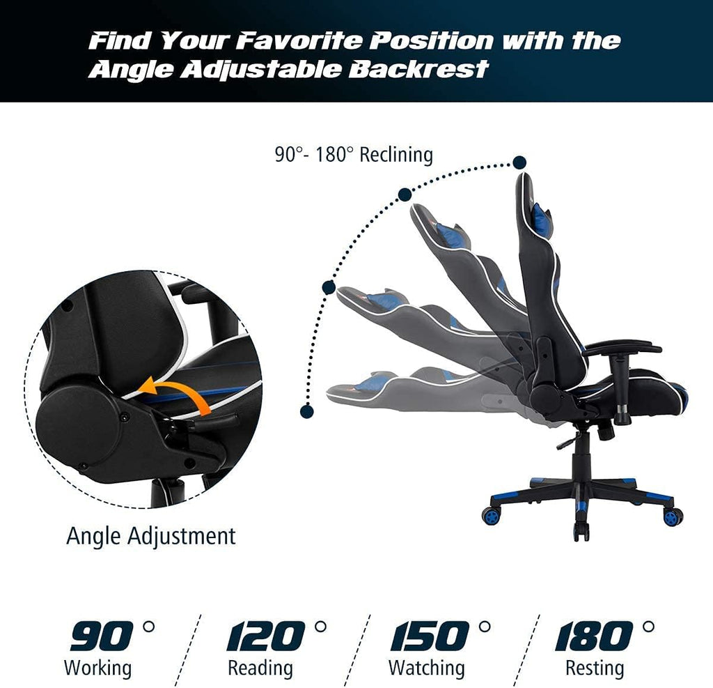 Massage Gaming Chair, High Back Office Computer Chair with Headrest and Lumbar Support, Racing Style Reclining Swiveling Game Chair for Home Office (Blue)