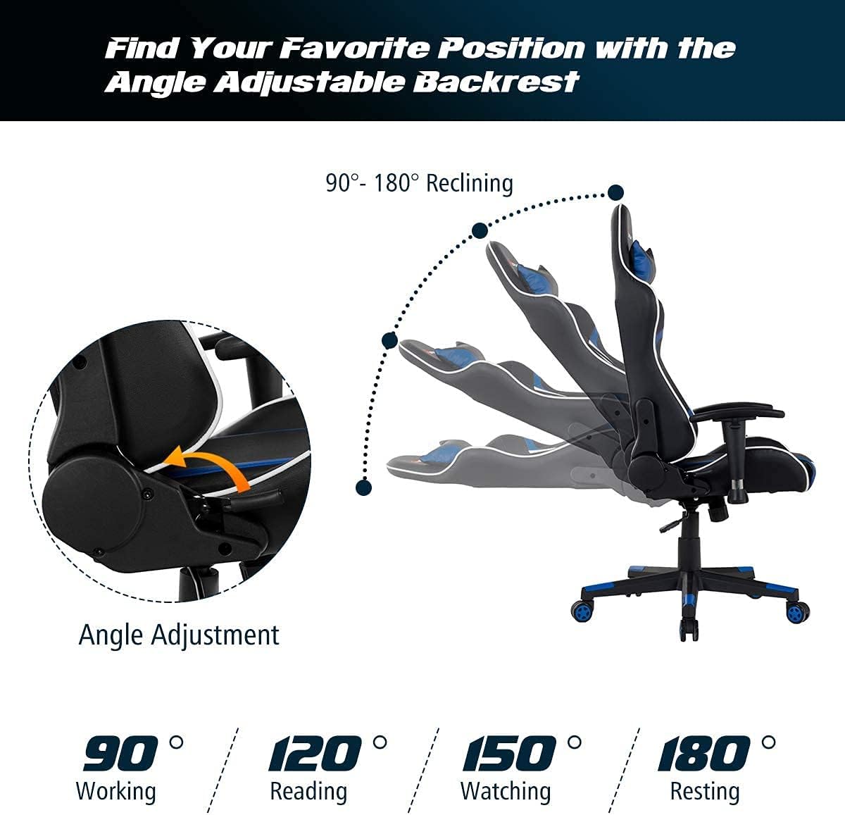 Massage Gaming Chair, High Back Office Computer Chair with Headrest and Lumbar Support, Racing Style Reclining Swiveling Game Chair for Home Office (Blue)