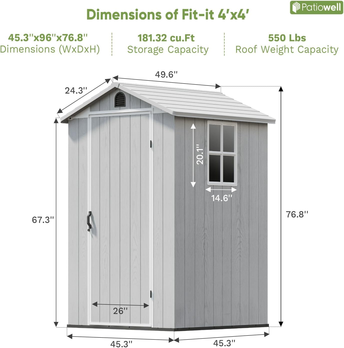 Patiowell 4 x 4 FT Plastic Outdoor Storage Shed with Floor, Garden Tool Shed with Two Windows and Single Lockable Door for Garden, Backyard, Lawn, Easy to Install, Light Grey