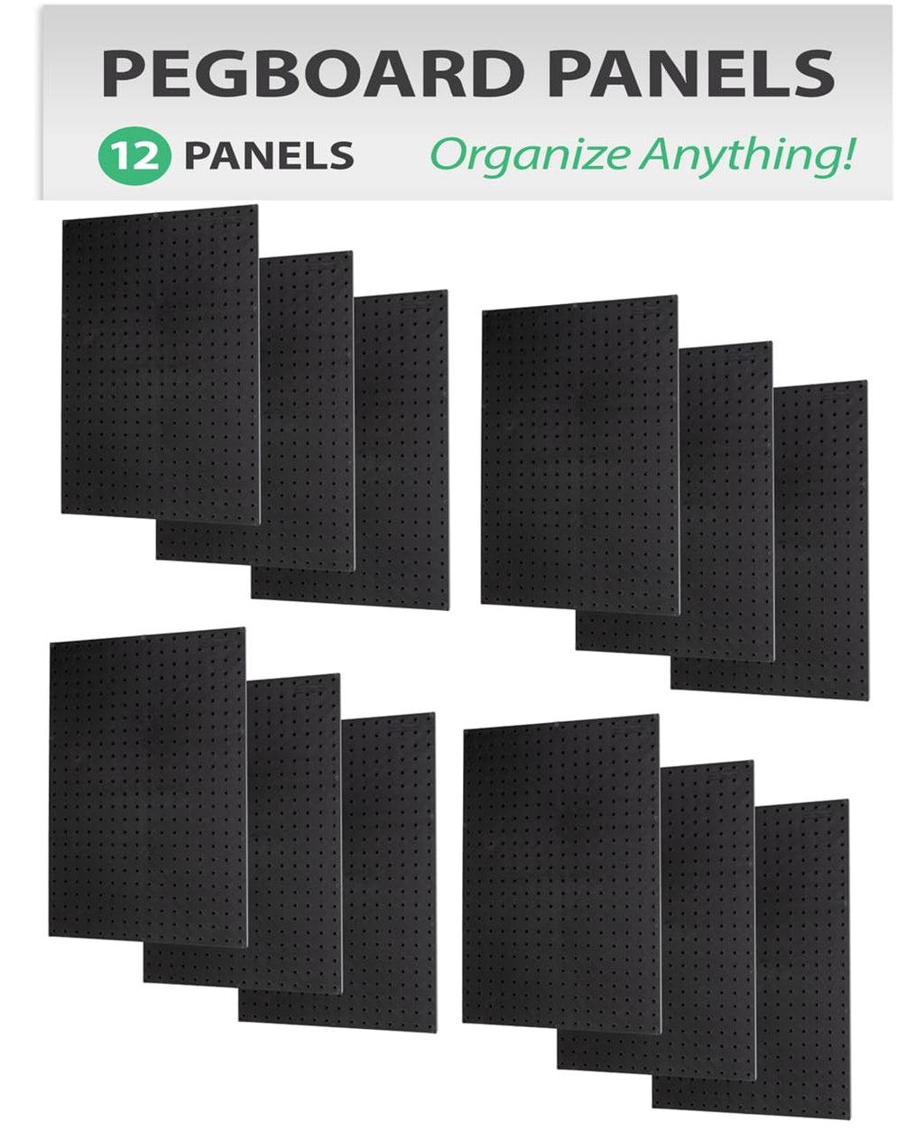 WallPeg Pegboard Panels Garage Organization - 12 ea (24'x16') Black Peg Board Panel Set - (PB-1-B) Tool Organizer, Crafts, Shop, Home, Office, Wall Storage Kit