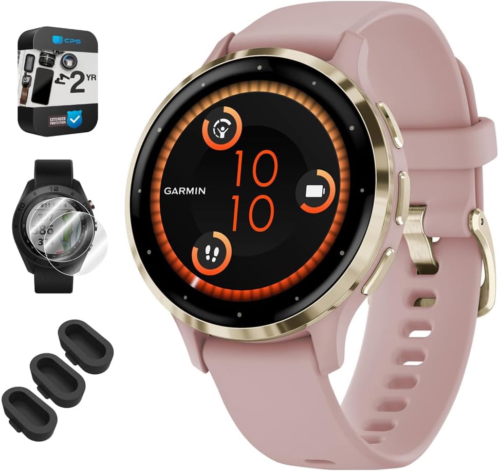 Garmin 010-02785-03 Venu 3S Health Fitness GPS Smartwatch Gold Steel Bezel with Dust Rose Case 41mm Bundle with Dust Cover 3 Pack, 2-Pack Screen Protector and 2 YR CPS Enhanced Protection Pack