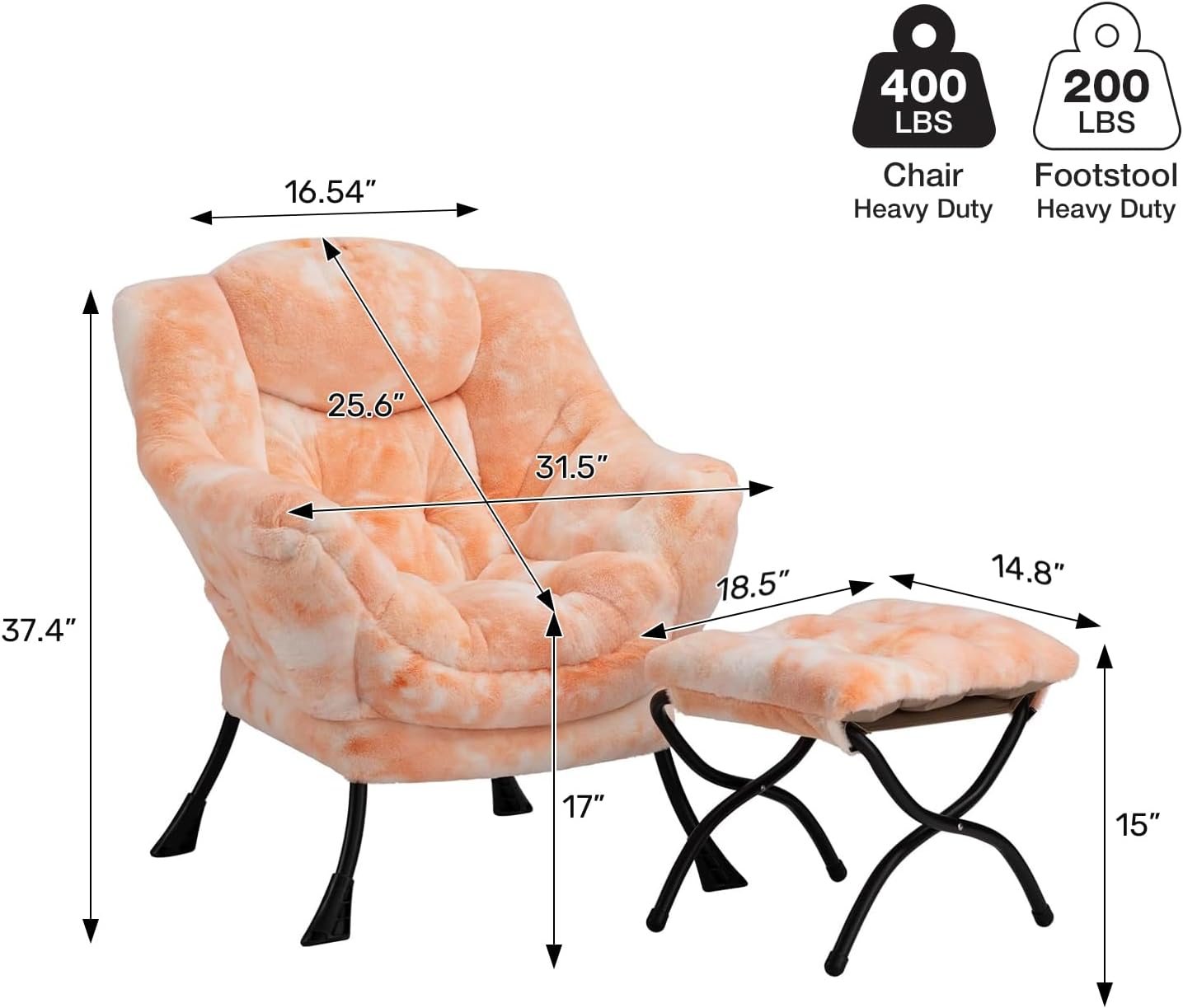 HollyHOME Lazy Chair with Foldable Ottoman, Accent Comfy Lounge Armchair and Folding Footrest Stool, Leisure Sofa Reading Chair and Footstool for Living Room, Bedroom, Dorm,Faux Fur Peach