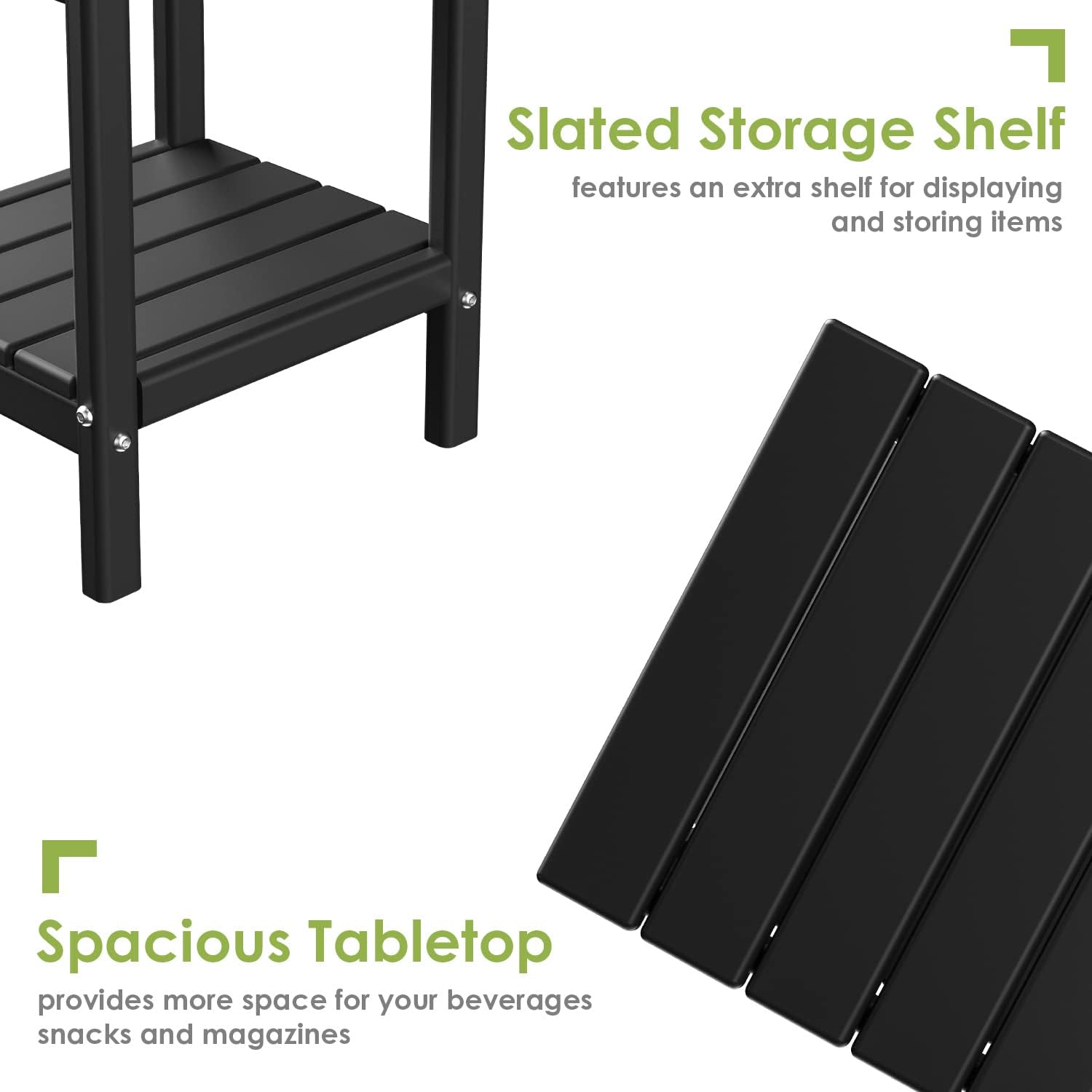 GREENVINES Adirondack-Outdoor-Side-Table | Set of 4 | 14 x 13 Inches | HDPE Plastic | All Weather | Black | Outside End Tables | Storage Shelf | for Patio Porch Backyard Indoor