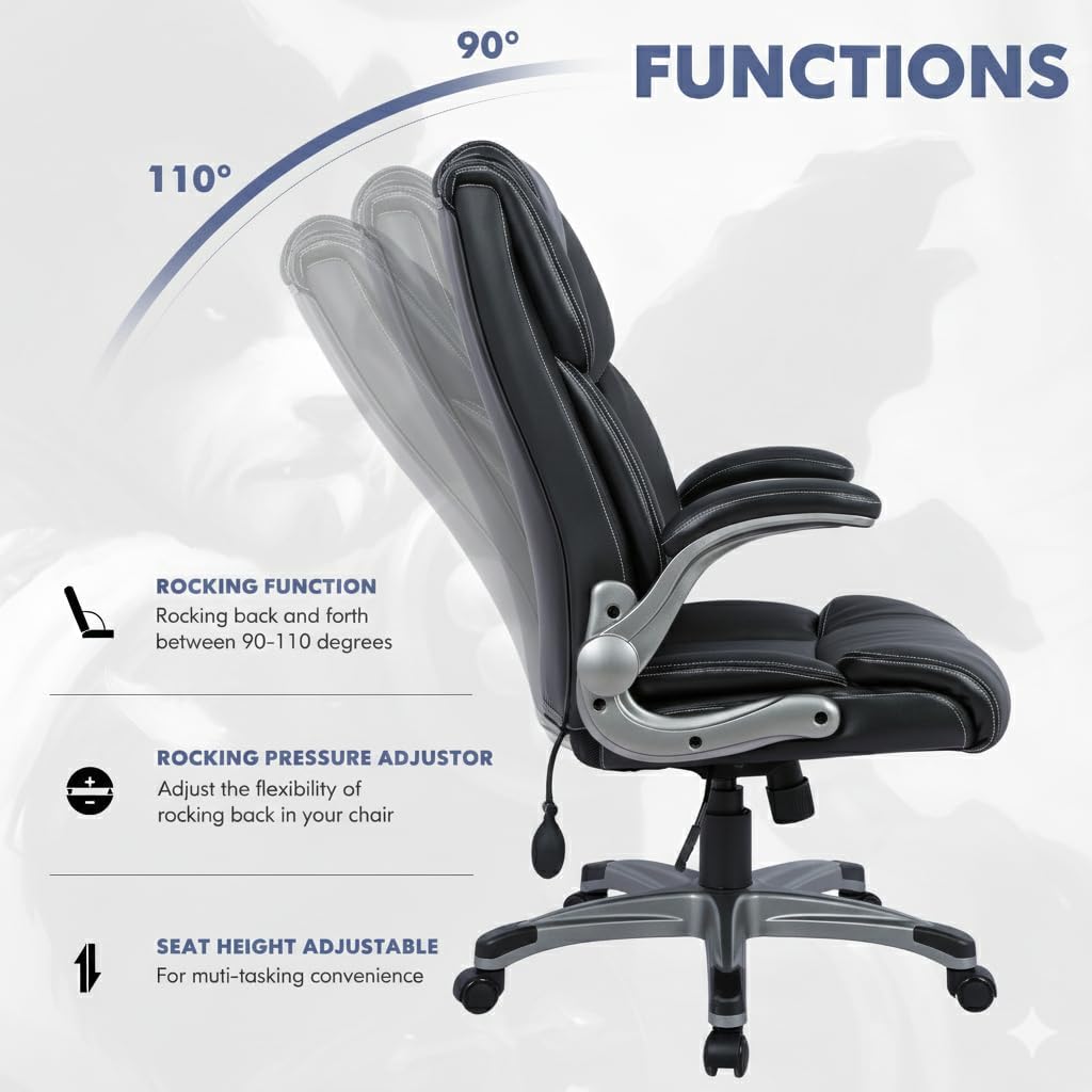 Ergonomic Executive Office Chair with Lumbar Support, Flip-Up Arms, Bonded Leather High Back Desk Chair for Home Office & Workstation, Comfortable Computer Chair for Adults Men Women – Black Set of 2
