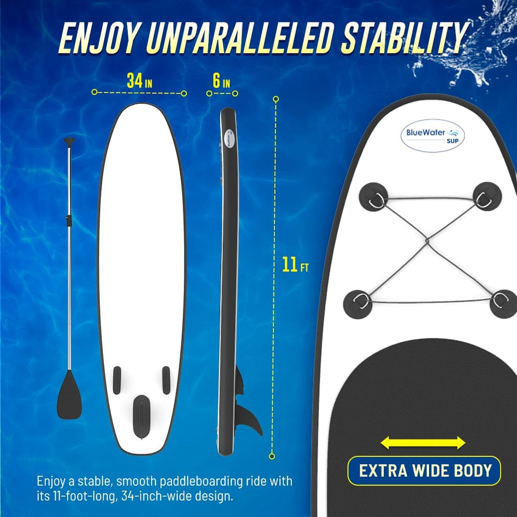 Blue Water Toys Portable Inflatable Stand Up Paddle Board Kit | 11ft x 34in Nylon & Mesh Inflatable Paddle Board with 100% UV-Resistant EVA Pad, Pump, Backpack, Coil Leash & Repair Kit (Black/White)