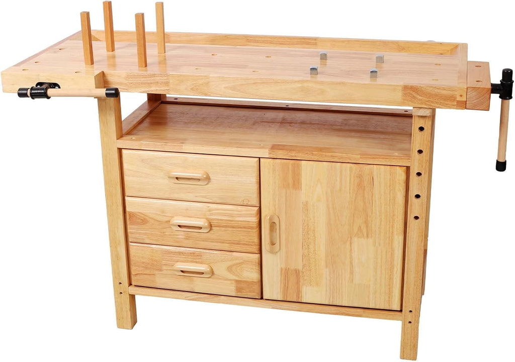 55' Rubber Wood Workbench, Heavy Duty Work Bench with Drawer& Shelf, Work Bench Table for Garage, Workshop, Home Storage, Woodworking Bench, 330 lbs Weight Capacity (50')