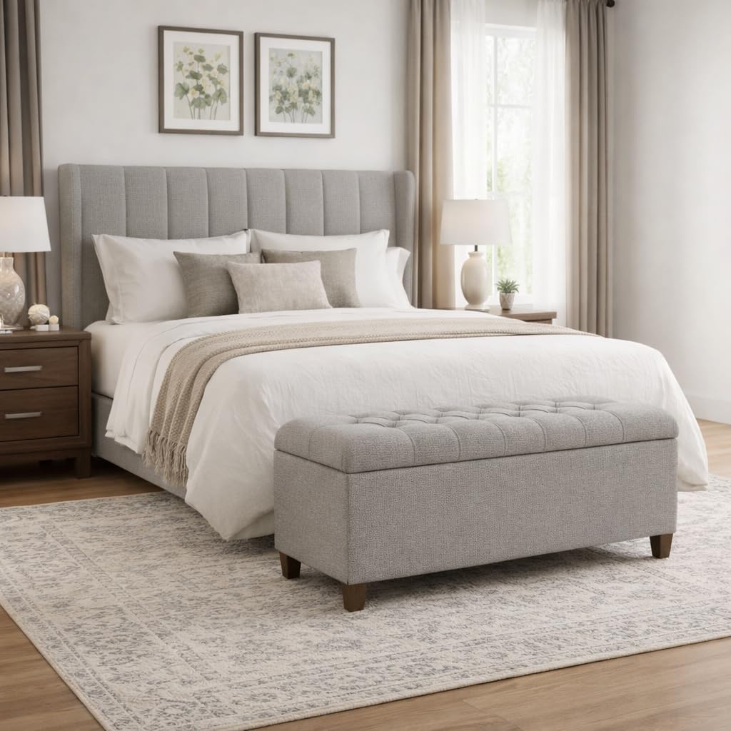 Homepop Home Decor Tufted Ainsley Button Storage Ottoman Bench with Hinged Lid Ottoman Bench with Storage for Living Room & Bedroom, Gray Fabric